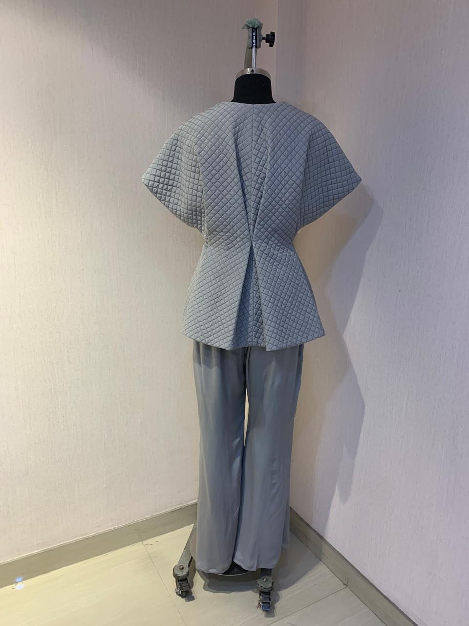 GREY QUILTED EMBROIDERED JACKET WITH INNER & PANTS SET.