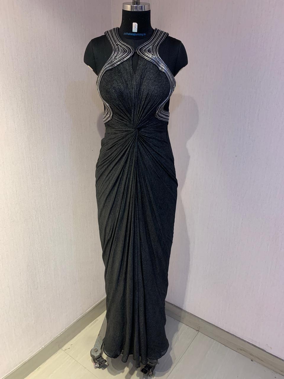 BLACK DRAPED GOWN WITH STATEMENT WIRE EMBROIDERY
