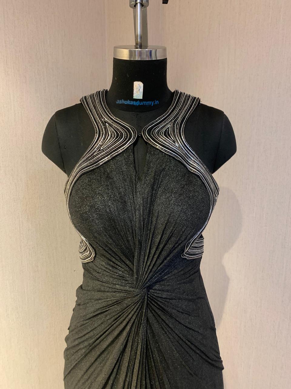 BLACK DRAPED GOWN WITH STATEMENT WIRE EMBROIDERY