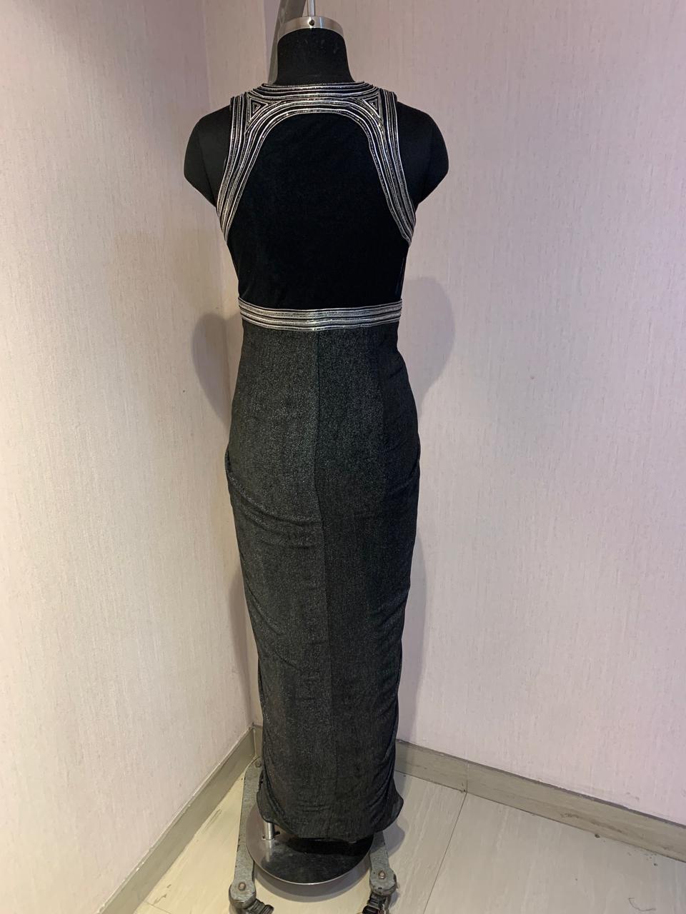 BLACK DRAPED GOWN WITH STATEMENT WIRE EMBROIDERY