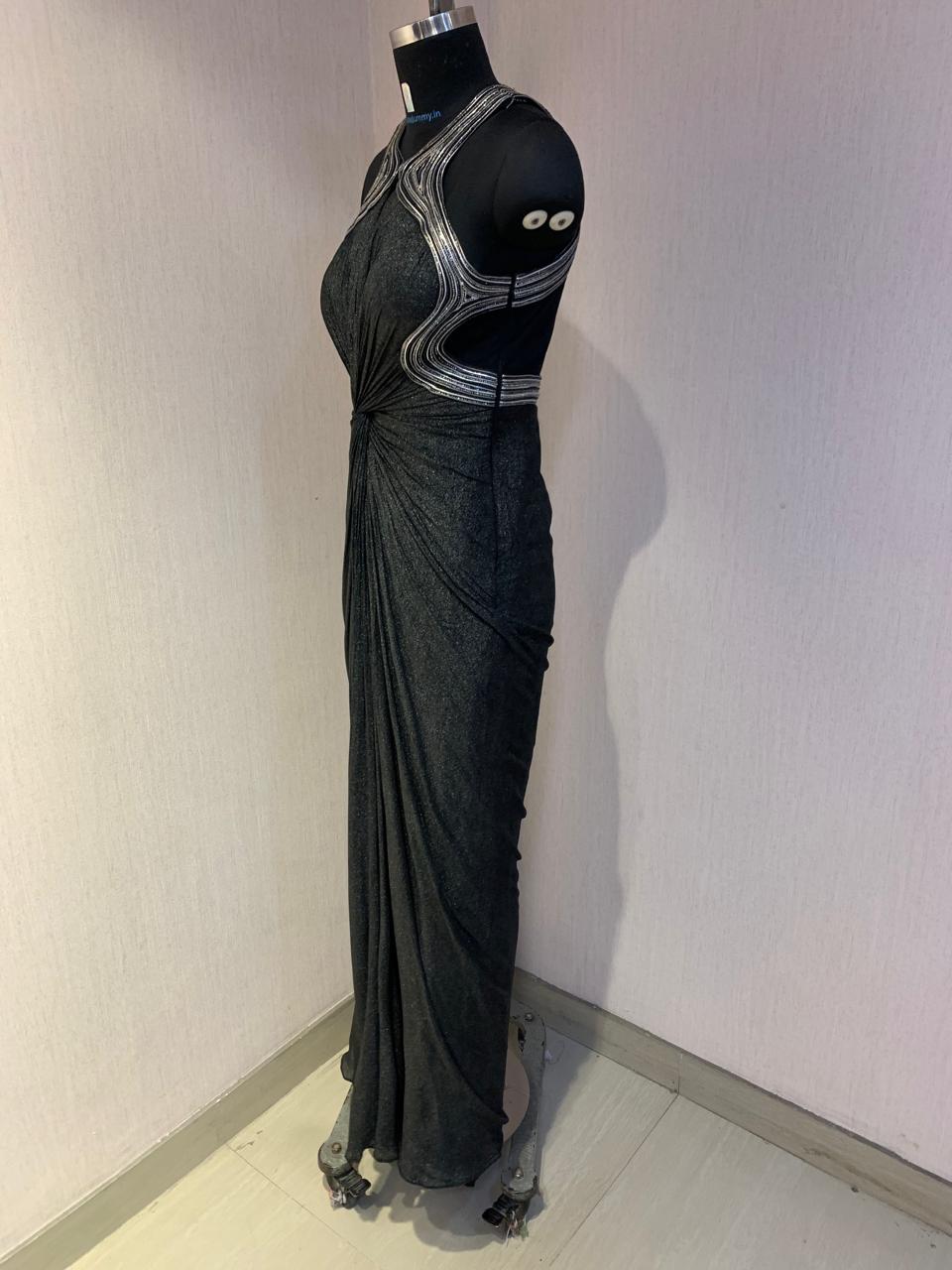 BLACK DRAPED GOWN WITH STATEMENT WIRE EMBROIDERY