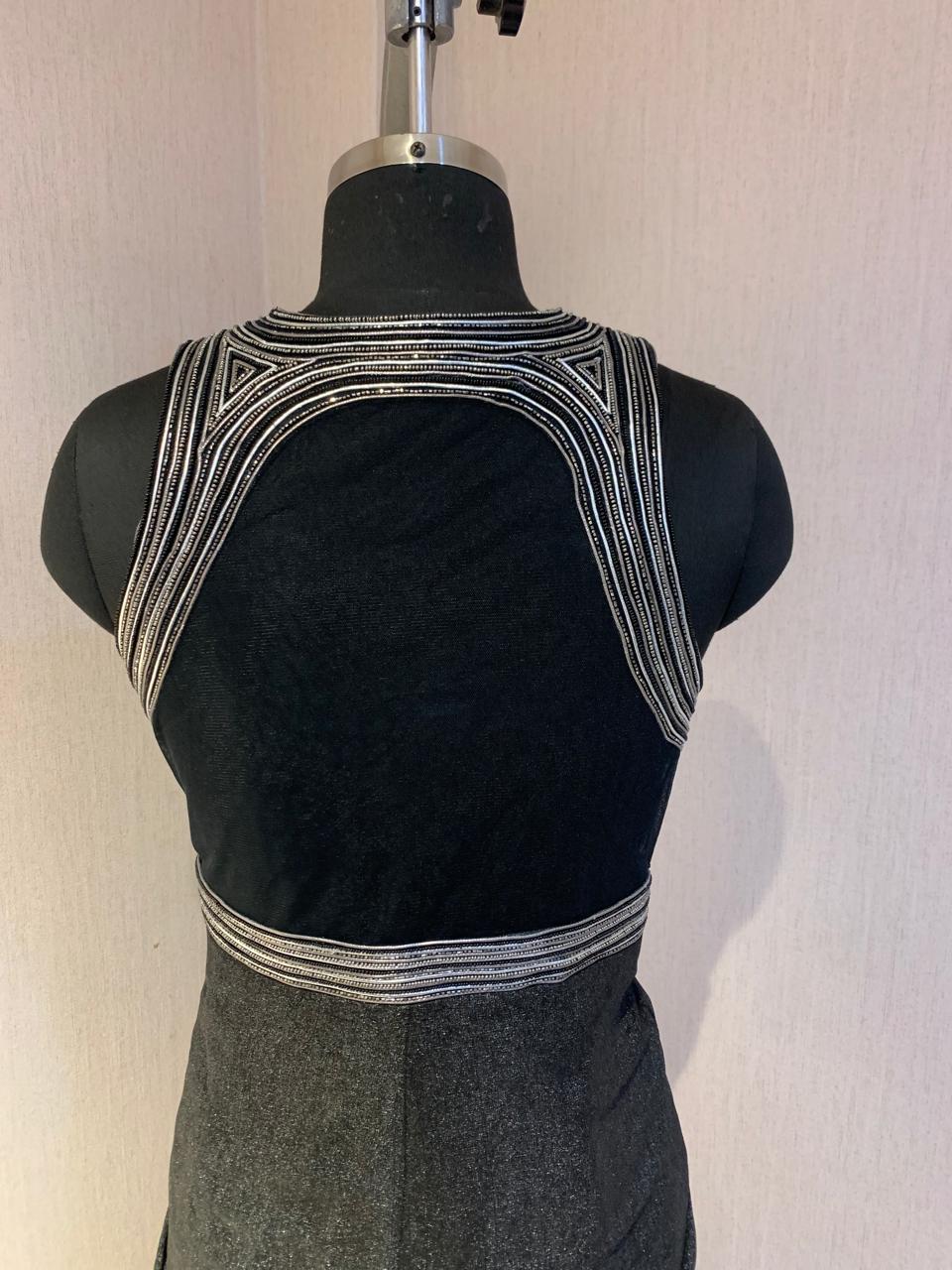 BLACK DRAPED GOWN WITH STATEMENT WIRE EMBROIDERY