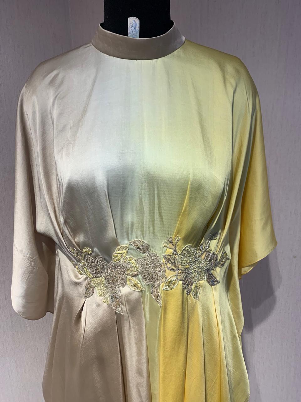 BEIGE MUSTARD CO RD SET WITH EMBROIDERY AROUND THE WAIST