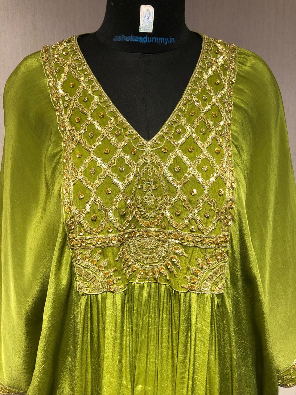 OLIVE GREEN KAFTAN WITH INTRICATE EMBROIDERED YOKE.