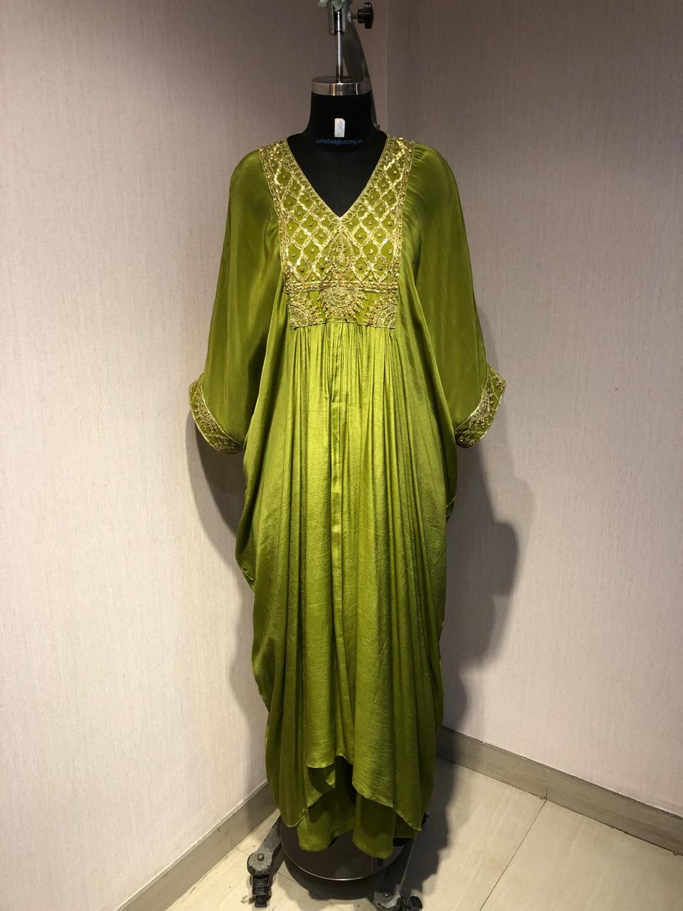 OLIVE GREEN KAFTAN WITH INTRICATE EMBROIDERED YOKE.