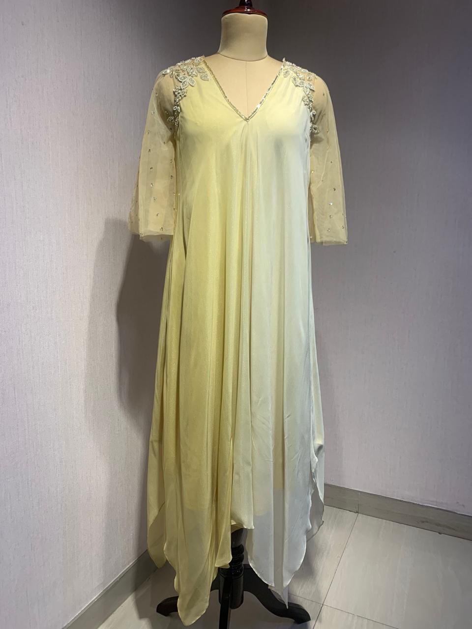 PASTEL YELLOW OMBRE EMBELLISHED SHARARA SET.