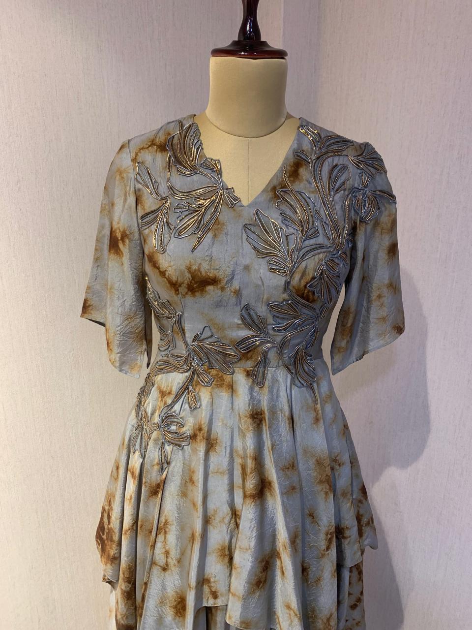 GREY MARBLE DRESS WITH WIRE EMBROIDERED DRESS.