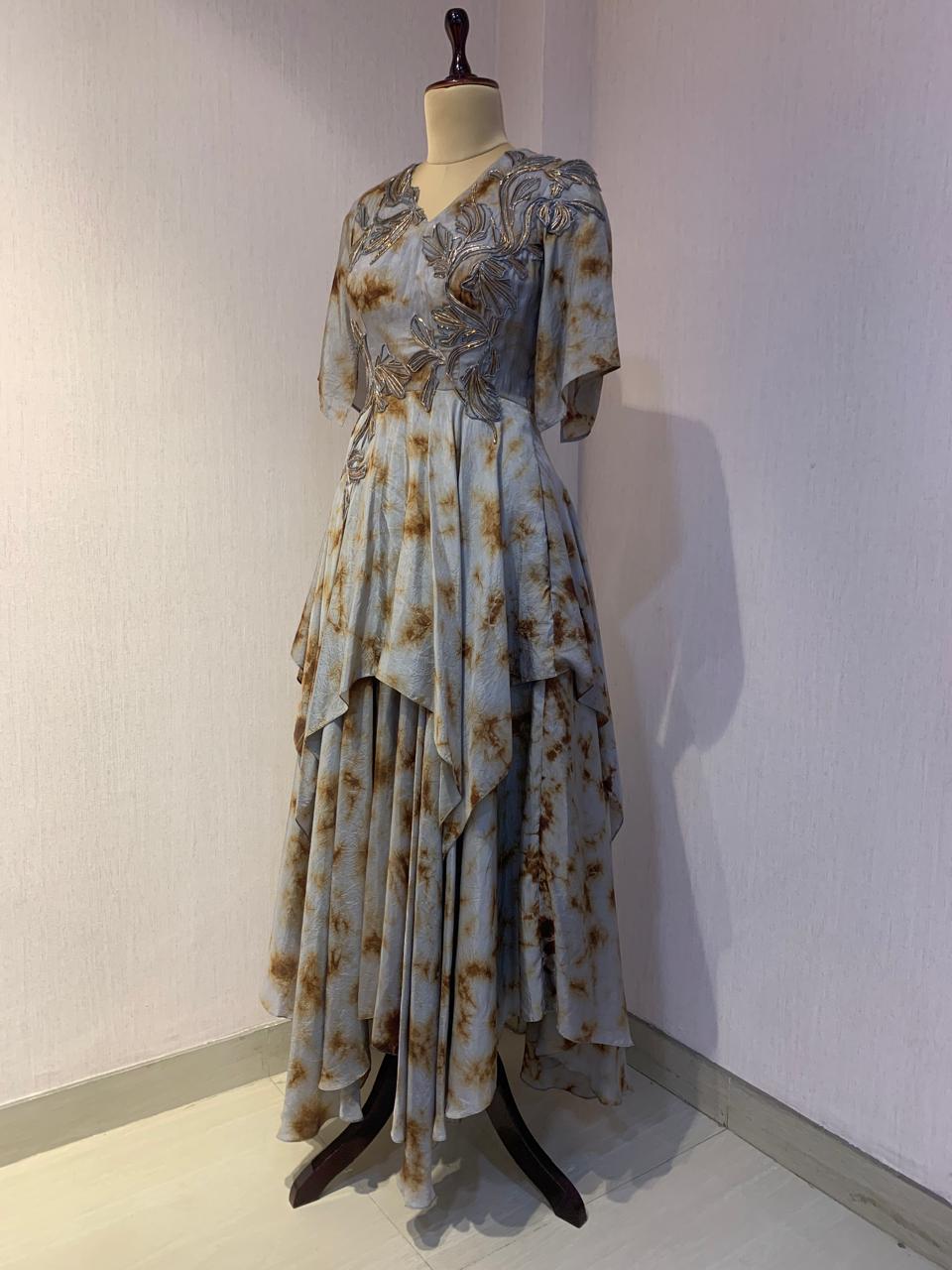 GREY MARBLE DRESS WITH WIRE EMBROIDERED DRESS.