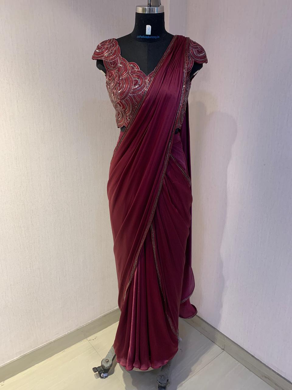 MAROON WIRE WORK BLOUSE WITH DRAPE SAREE.