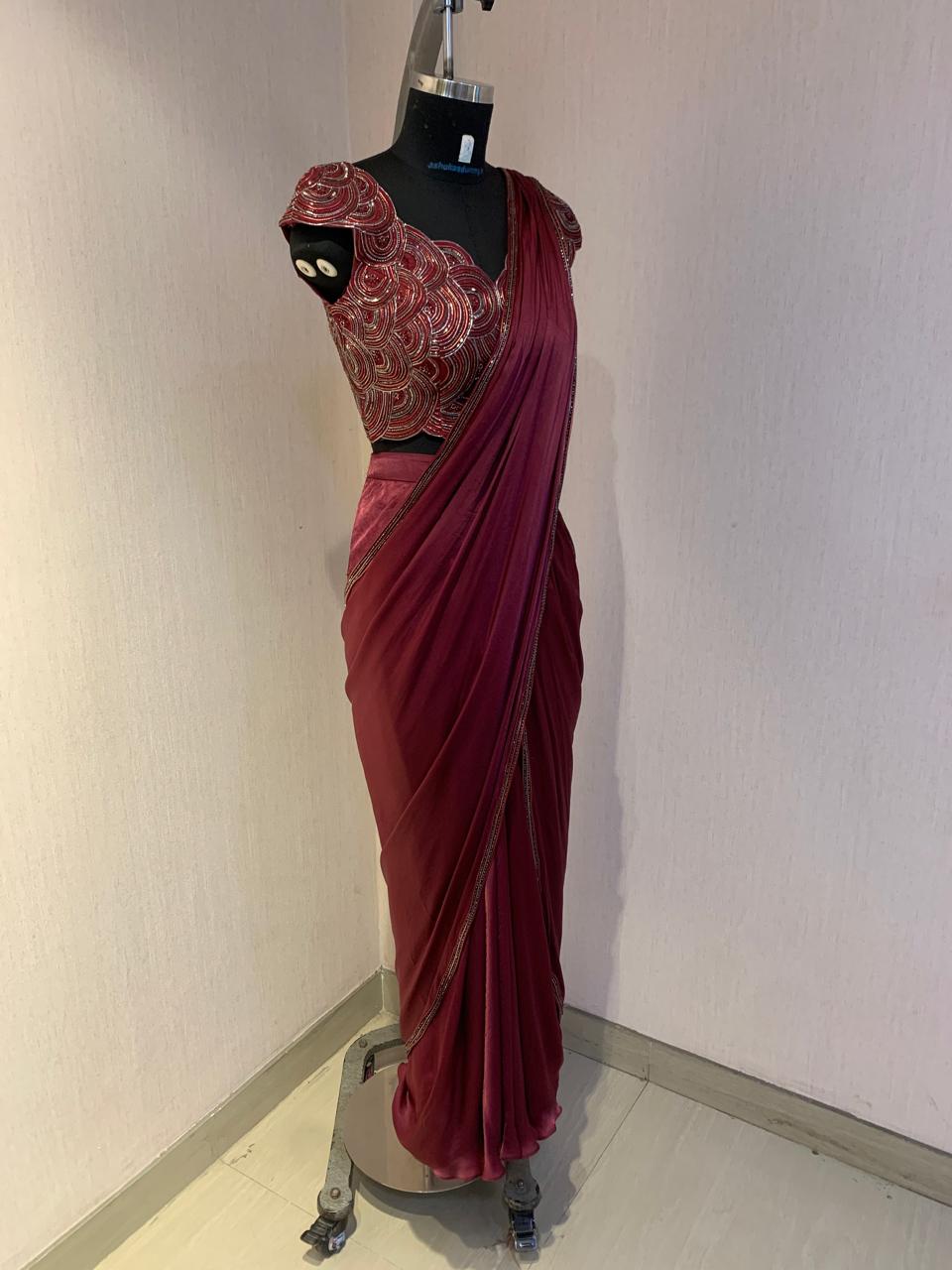 MAROON WIRE WORK BLOUSE WITH DRAPE SAREE.