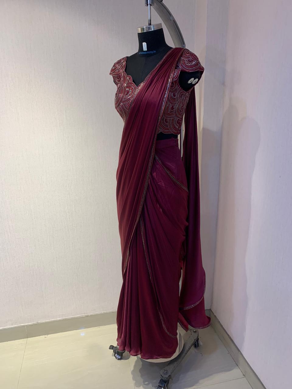 MAROON WIRE WORK BLOUSE WITH DRAPE SAREE.
