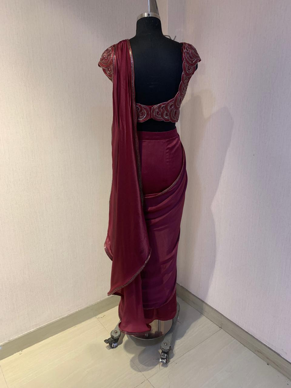 MAROON WIRE WORK BLOUSE WITH DRAPE SAREE.