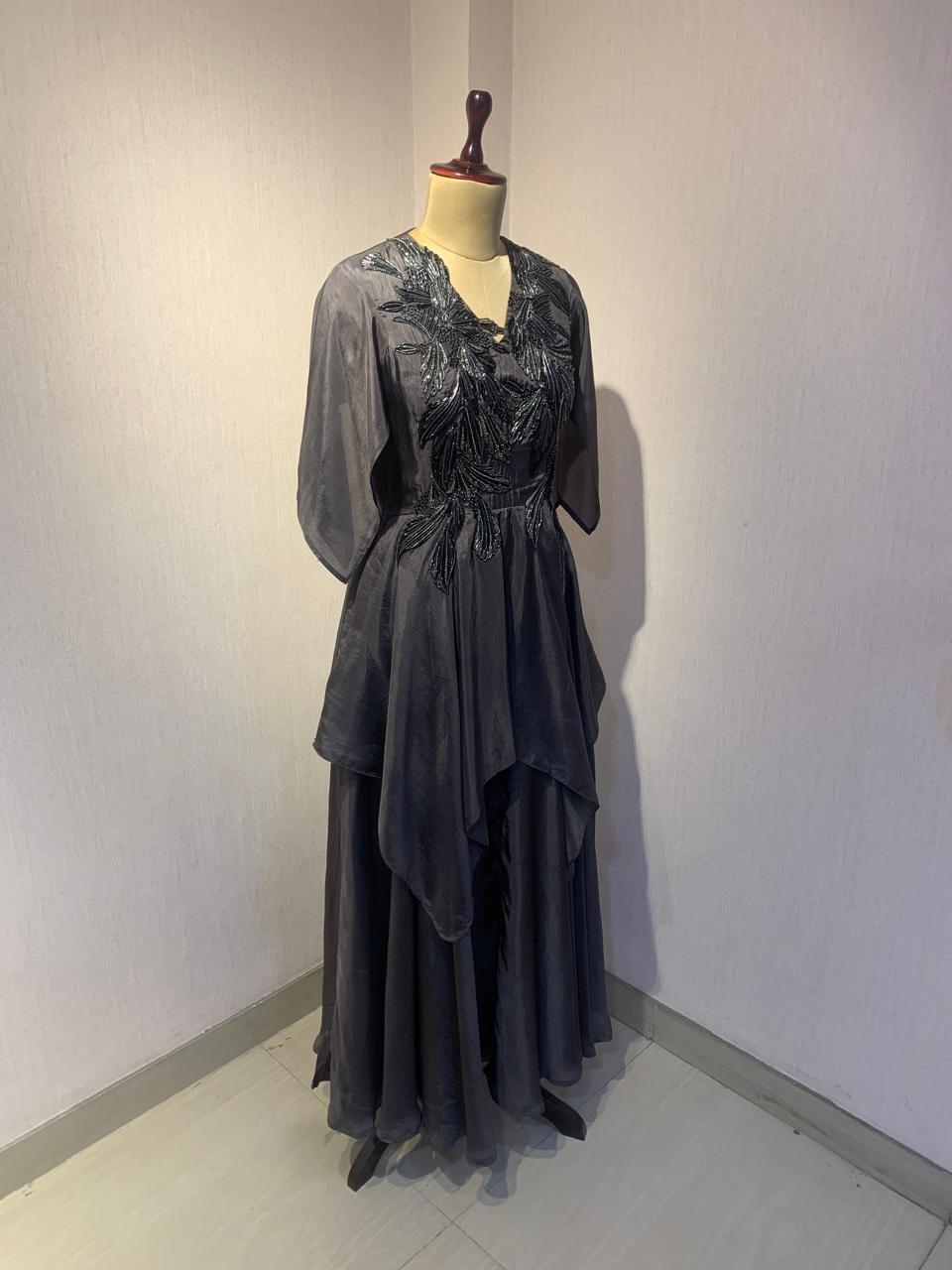 STYLISH GREY DRESS WITH ELEGANT  EMBROIDERY ON THE FRONT.