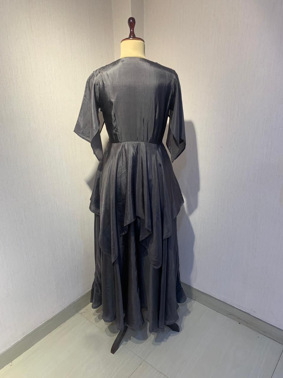 STYLISH GREY DRESS WITH ELEGANT  EMBROIDERY ON THE FRONT.