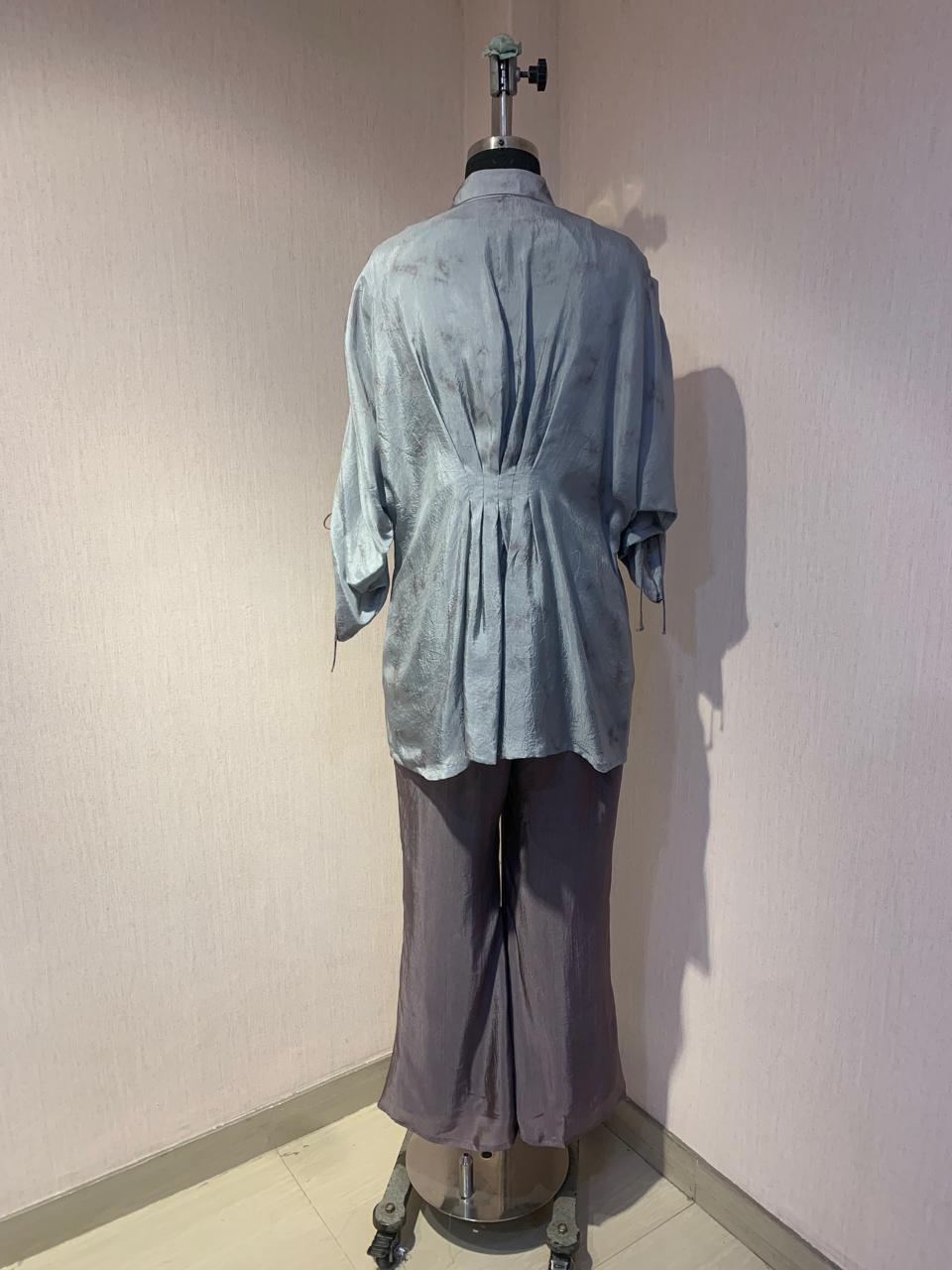 DUSTY GREY EMBROIDERED SHIRT FLARED PANTS SET.