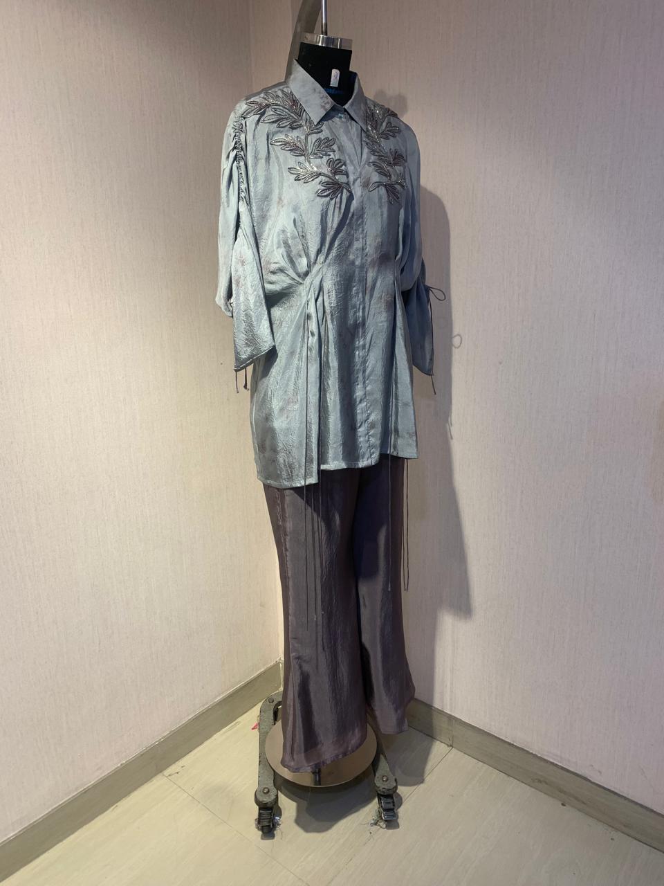 DUSTY GREY EMBROIDERED SHIRT FLARED PANTS SET.