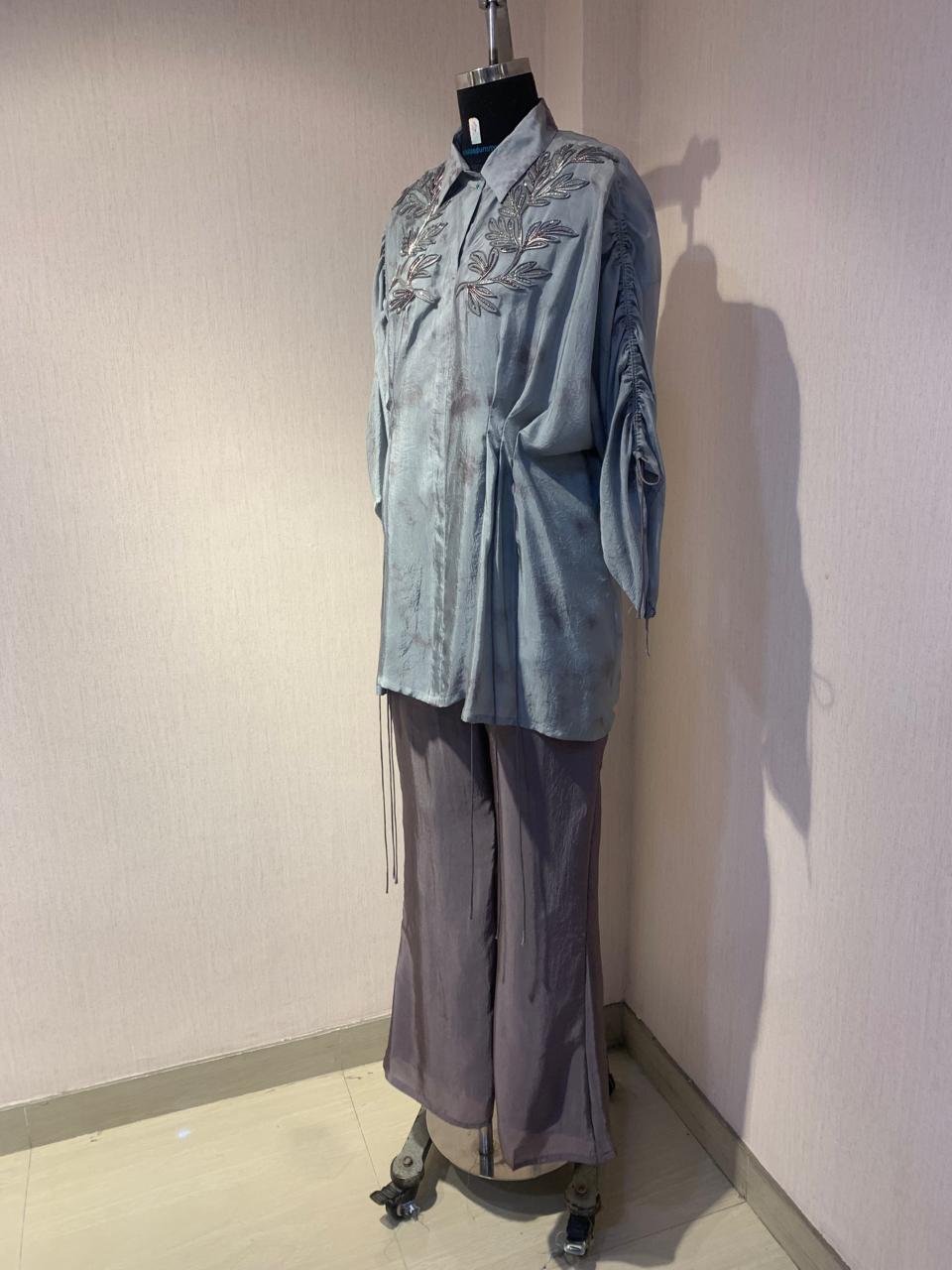 DUSTY GREY EMBROIDERED SHIRT FLARED PANTS SET.