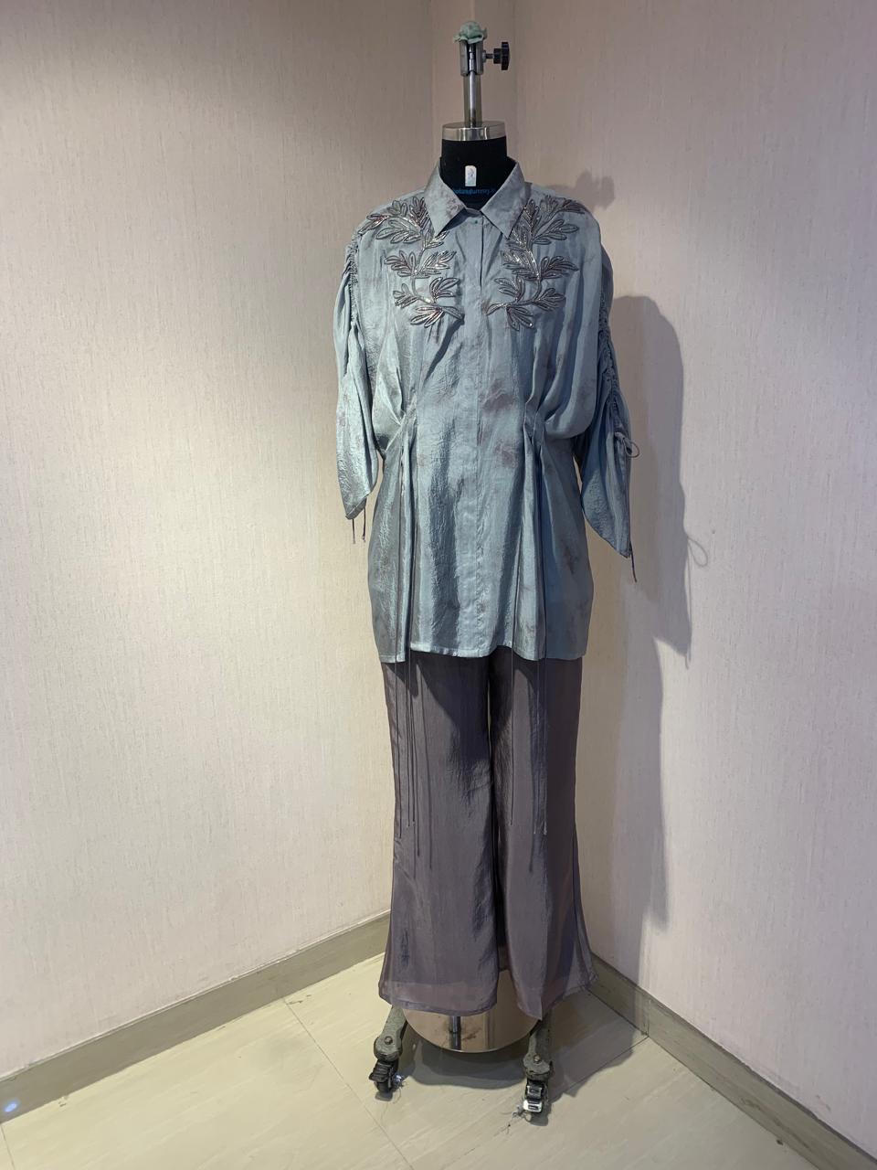 DUSTY GREY EMBROIDERED SHIRT FLARED PANTS SET.