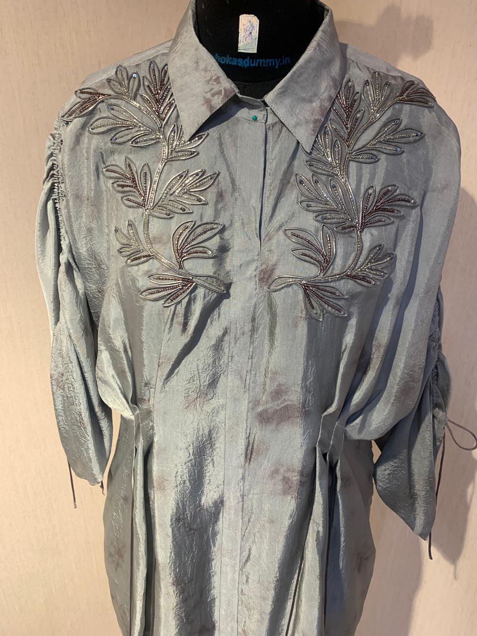 DUSTY GREY EMBROIDERED SHIRT FLARED PANTS SET.