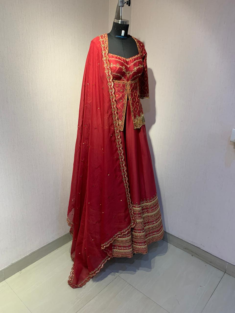 MAROON EMBROIDERED LEHENGA SET WITH BLOUSE AND DUPATTA.