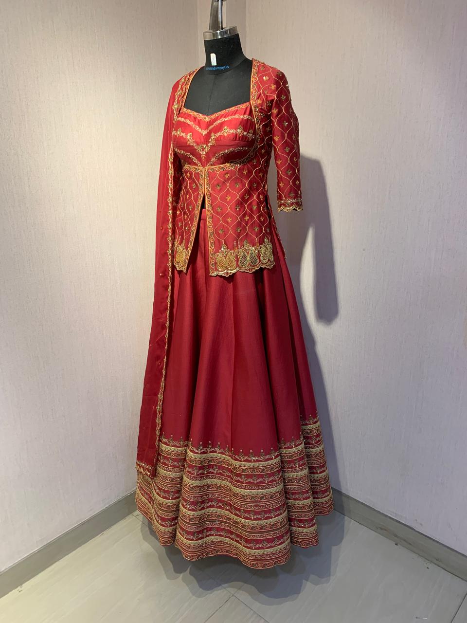 MAROON EMBROIDERED LEHENGA SET WITH BLOUSE AND DUPATTA.