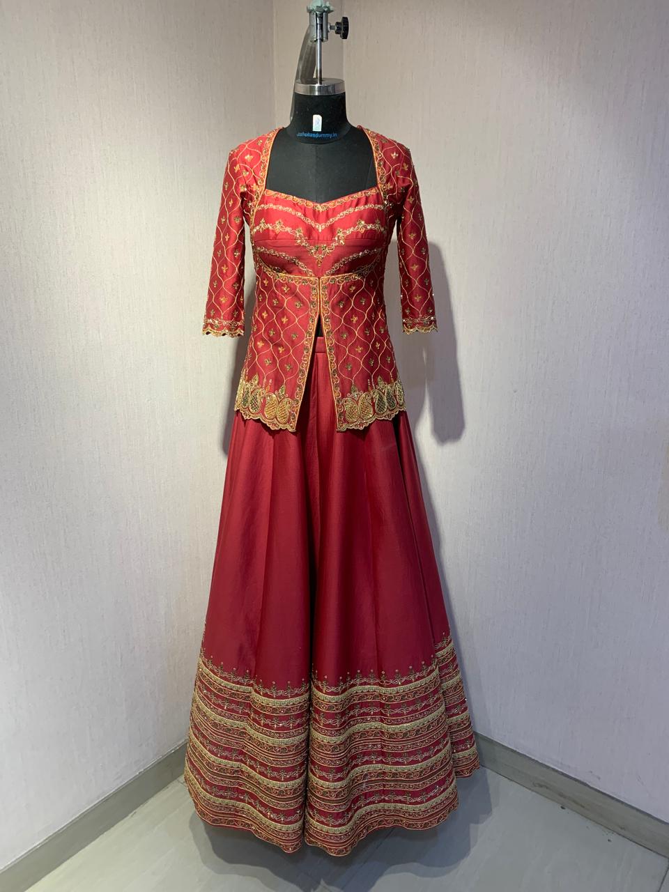 MAROON EMBROIDERED LEHENGA SET WITH BLOUSE AND DUPATTA.
