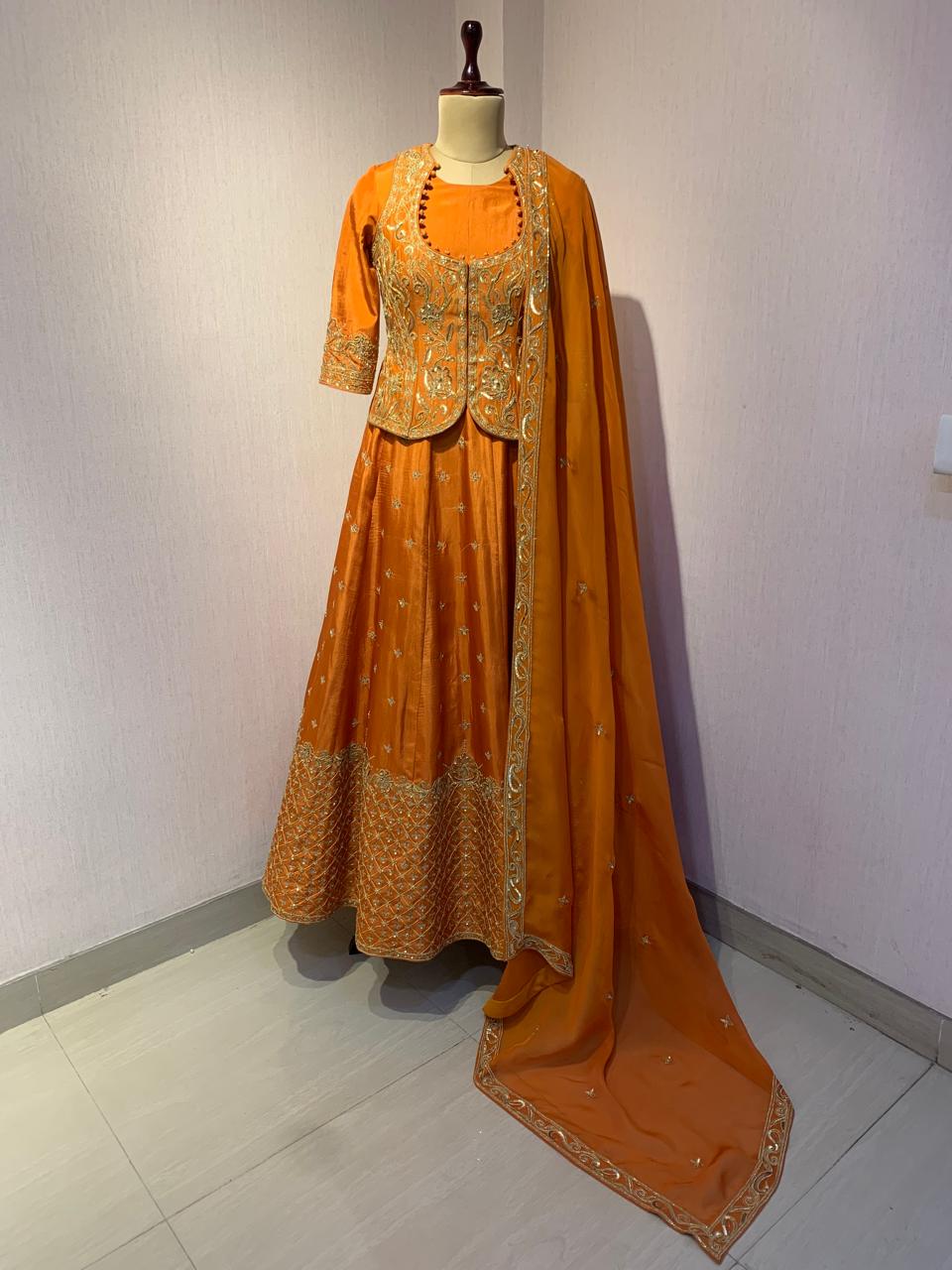 ORANGE EMBROIDERED ANARKALI JACKET SET WITH DUPATTA.