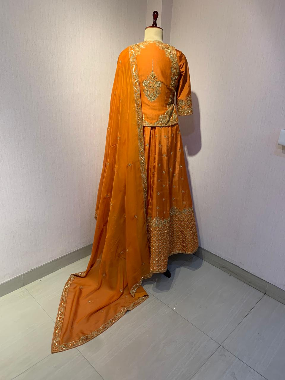 ORANGE EMBROIDERED ANARKALI JACKET SET WITH DUPATTA.