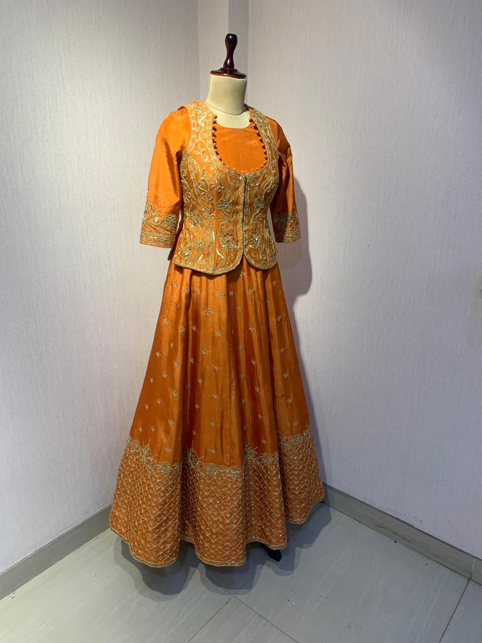 ORANGE EMBROIDERED ANARKALI JACKET SET WITH DUPATTA.