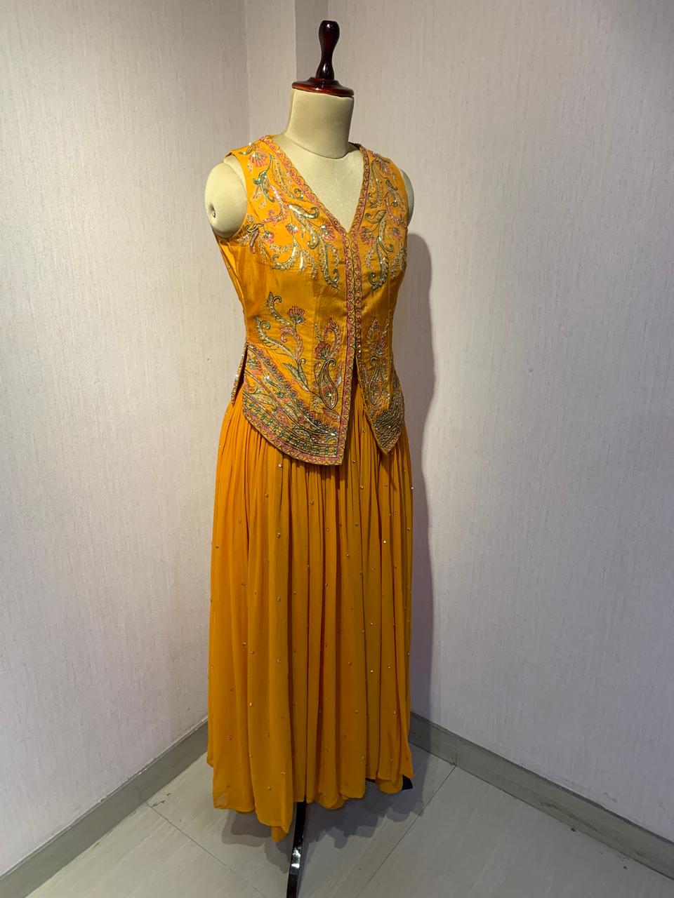 RUST JACKET STYLE EMBROIDERED TOP SKIRT SET WITH DUPATTA.