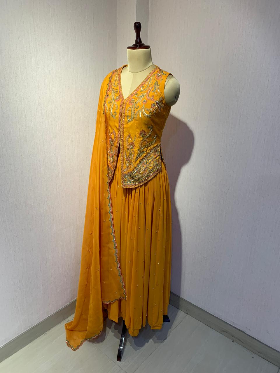 RUST JACKET STYLE EMBROIDERED TOP SKIRT SET WITH DUPATTA.