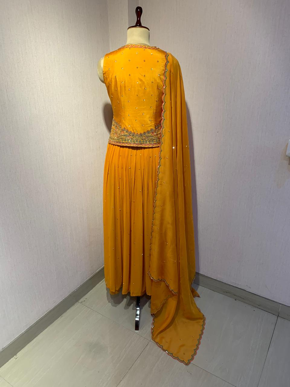 RUST JACKET STYLE EMBROIDERED TOP SKIRT SET WITH DUPATTA.