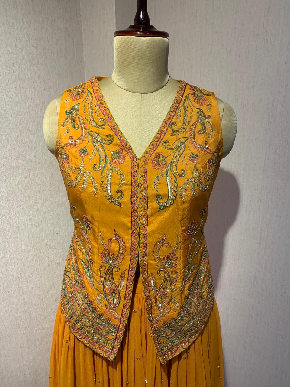 RUST JACKET STYLE EMBROIDERED TOP SKIRT SET WITH DUPATTA.