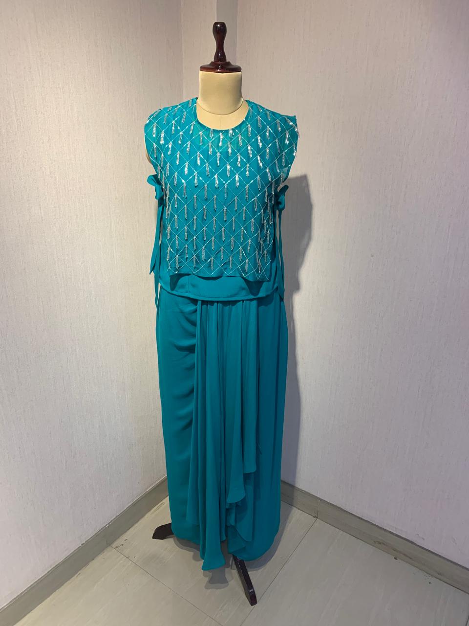 ELEGANT TEAL HAND-EMBELLISHED OVERLAY TOP WITH INNER & DRAPED SKIRT.