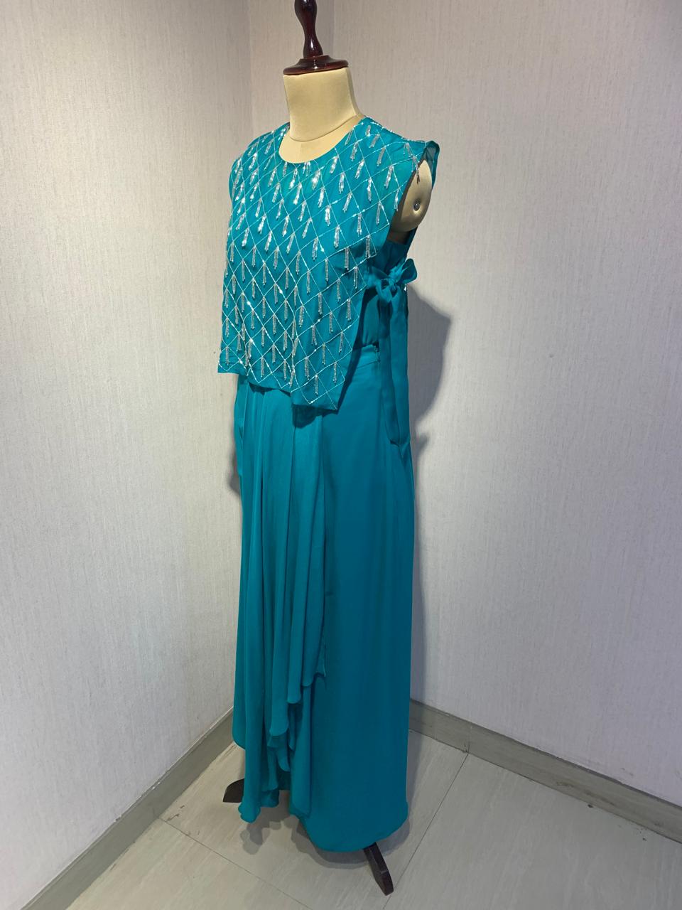 ELEGANT TEAL HAND-EMBELLISHED OVERLAY TOP WITH INNER & DRAPED SKIRT.