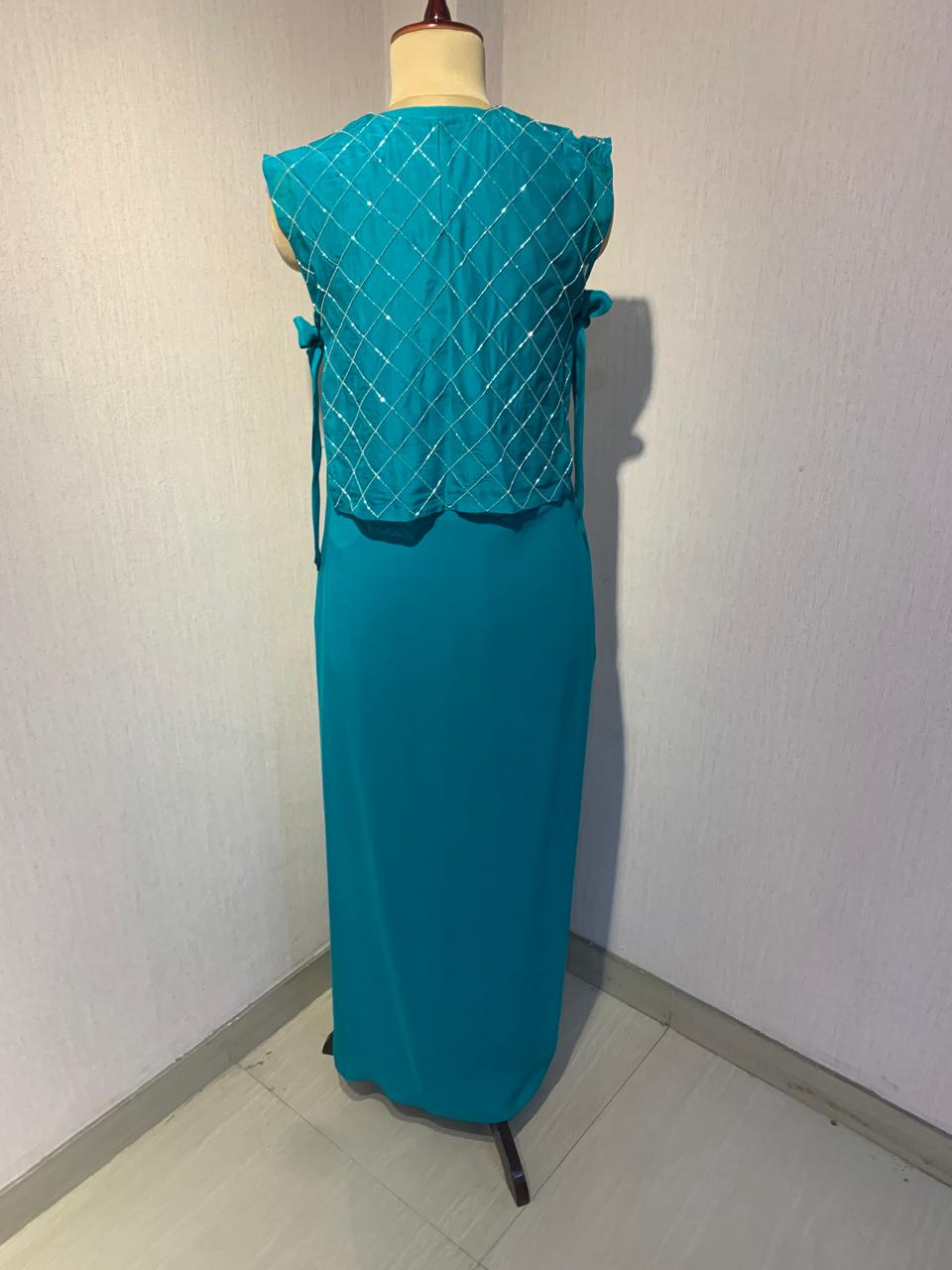 ELEGANT TEAL HAND-EMBELLISHED OVERLAY TOP WITH INNER & DRAPED SKIRT.