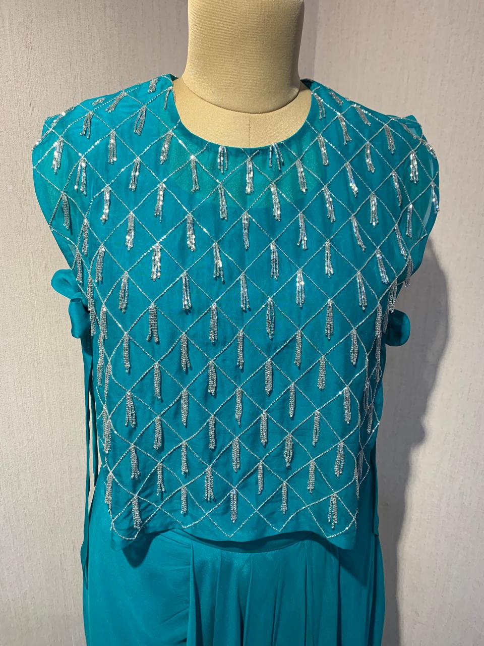 ELEGANT TEAL HAND-EMBELLISHED OVERLAY TOP WITH INNER & DRAPED SKIRT.