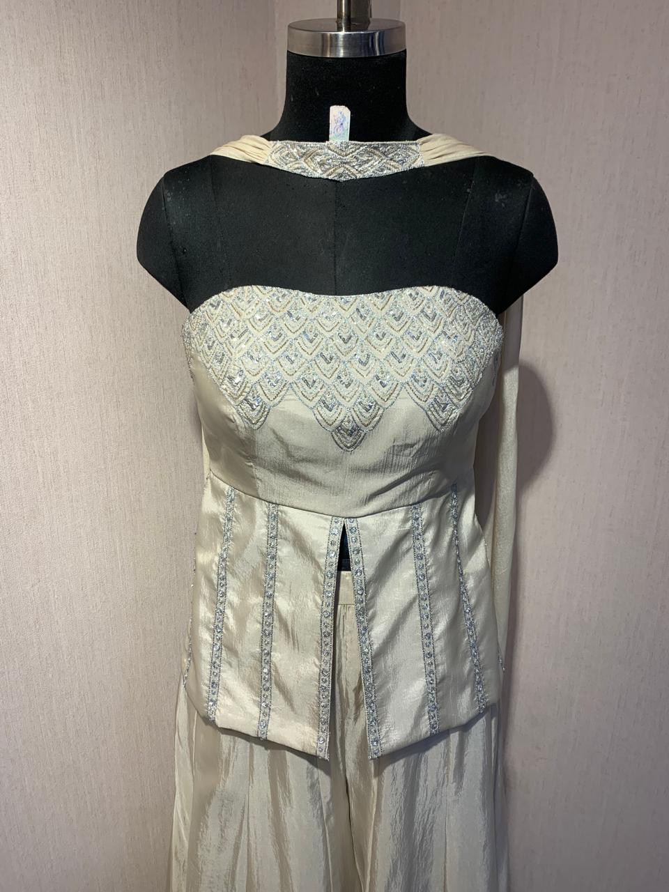 IVORY HAND - EMBELLISHED CORSET TOP WITH FLARED PALAZZO & DUPATTA.