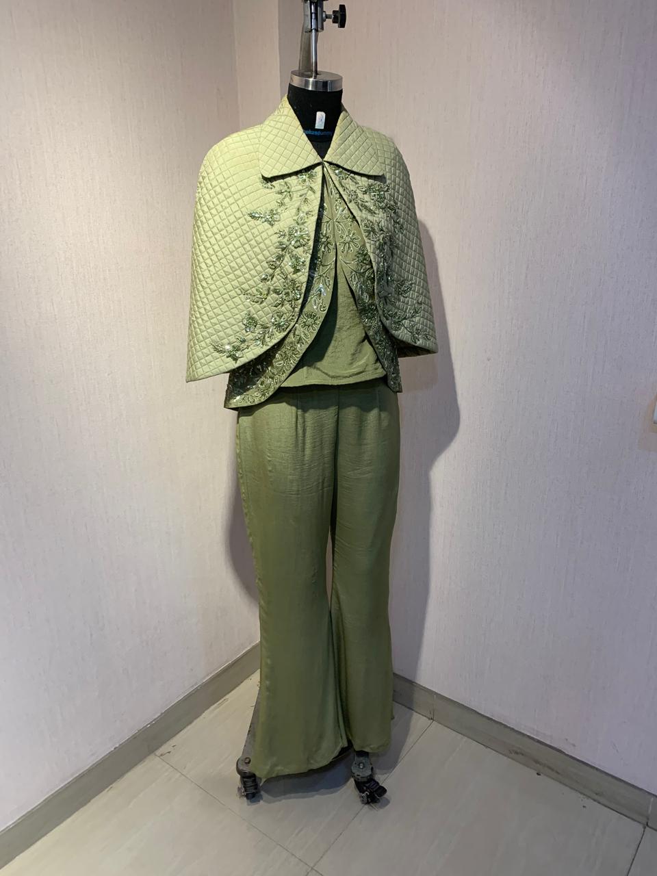 SAGE GREEN QUILTED EMBROIDERED JACKET WITH INNER & PANTS.