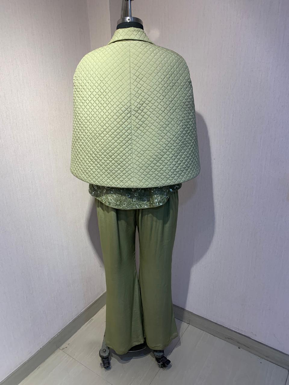 SAGE GREEN QUILTED EMBROIDERED JACKET WITH INNER & PANTS.