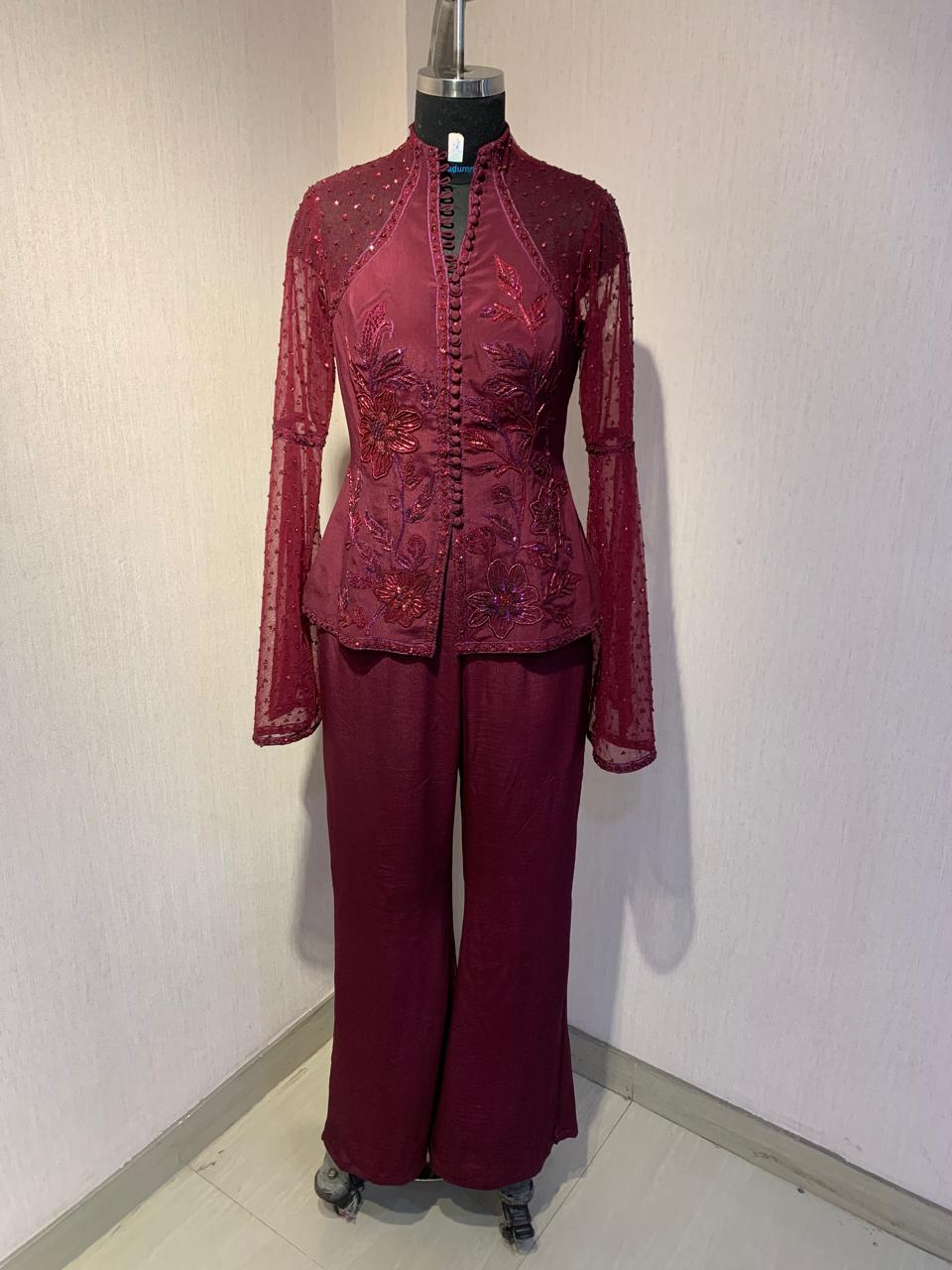 MAROON HAND-EMBROIDERED SHEER JACKET TOP WITH WIDE-LEG PANTS.