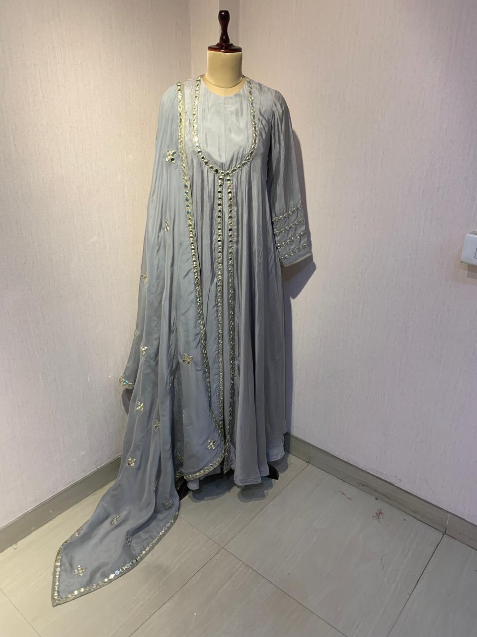 GREY MIRROR WORK ANARKALI SET WITH DUPATTA.