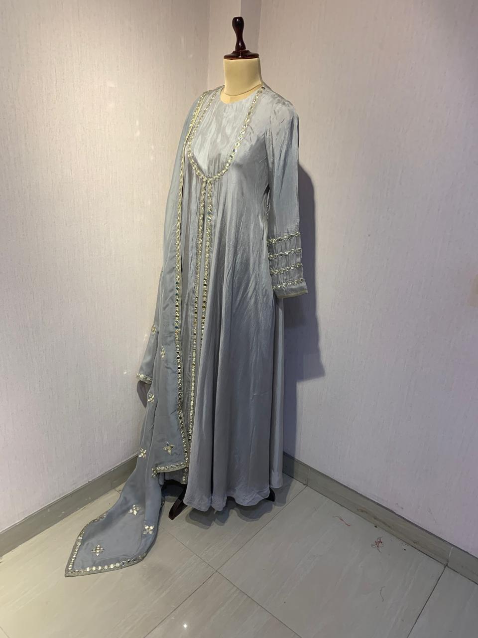 GREY MIRROR WORK ANARKALI SET WITH DUPATTA.