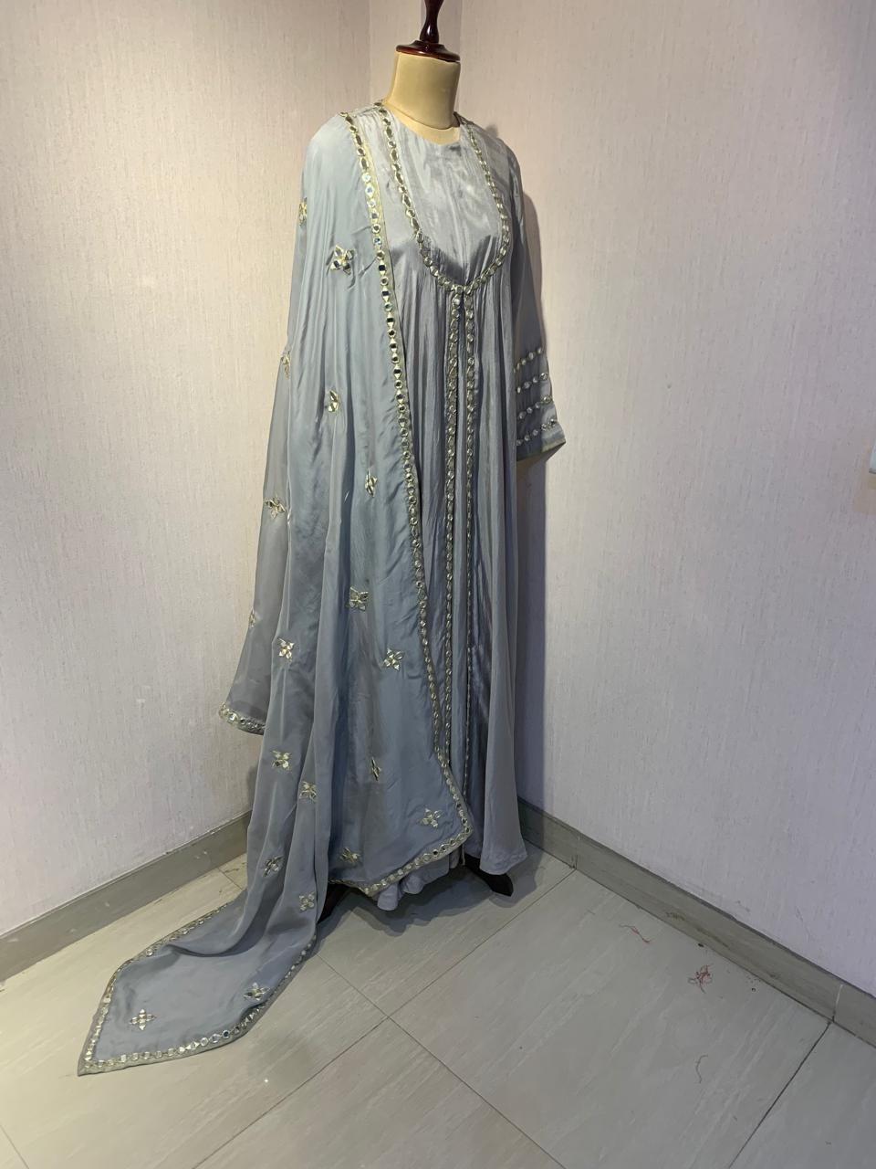 GREY MIRROR WORK ANARKALI SET WITH DUPATTA.