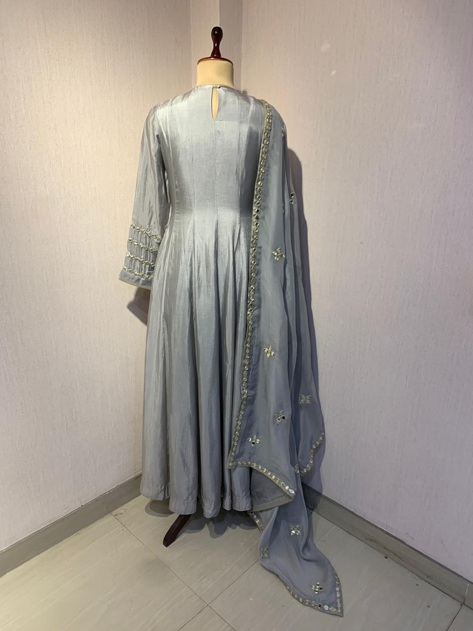 GREY MIRROR WORK ANARKALI SET WITH DUPATTA.
