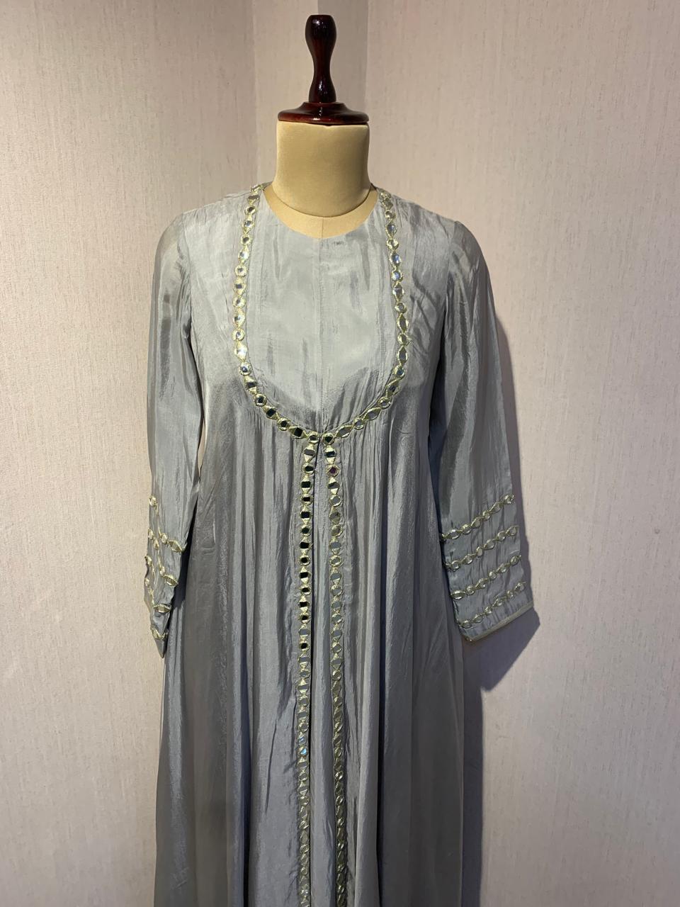GREY MIRROR WORK ANARKALI SET WITH DUPATTA.