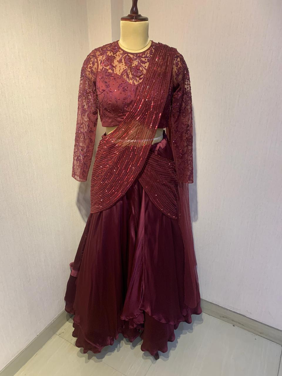 WINE EMBELLISHED LEHENGA SET WITH DRAPE DETAIL.