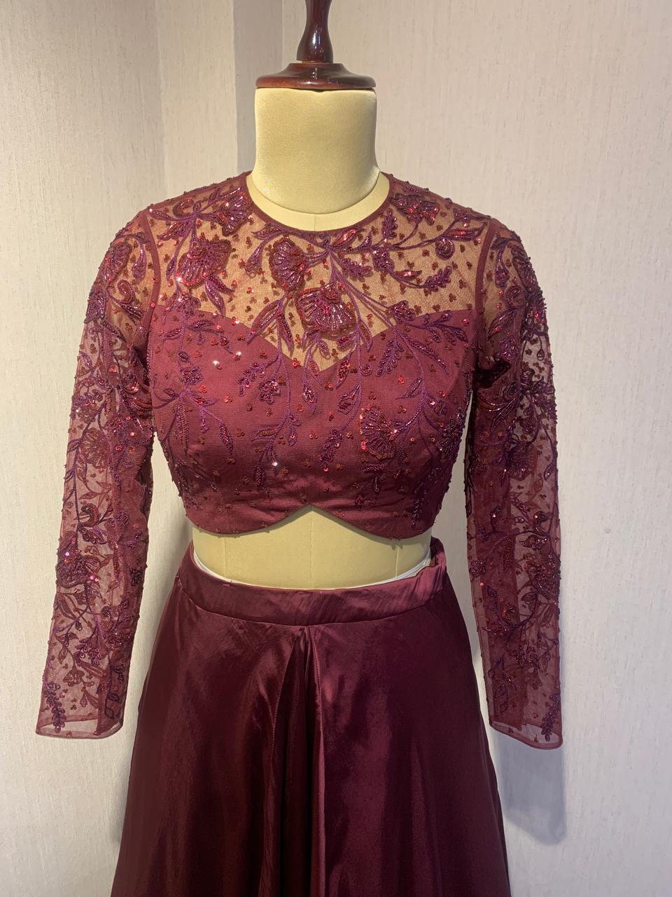 WINE EMBELLISHED LEHENGA SET WITH DRAPE DETAIL.