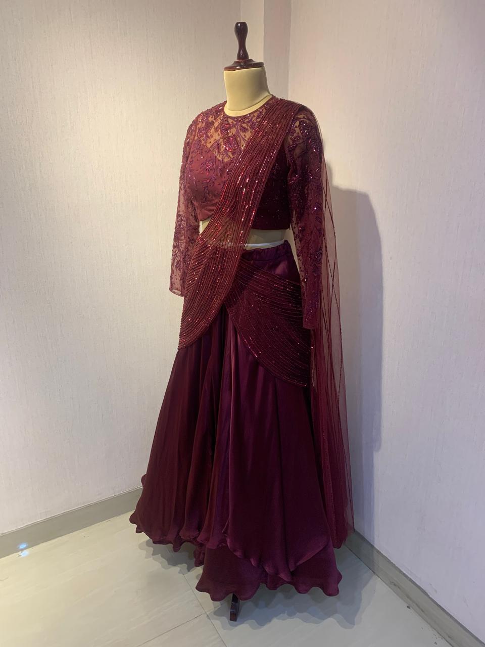 WINE EMBELLISHED LEHENGA SET WITH DRAPE DETAIL.