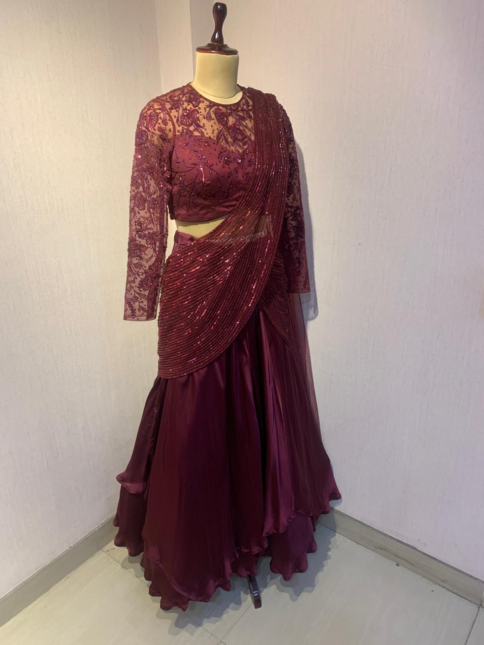 WINE EMBELLISHED LEHENGA SET WITH DRAPE DETAIL.